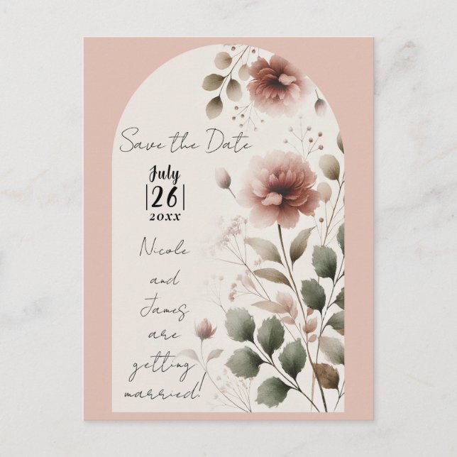 Desert Rose Pink & Green Floral Save The Date Announcement Postcard (Front)