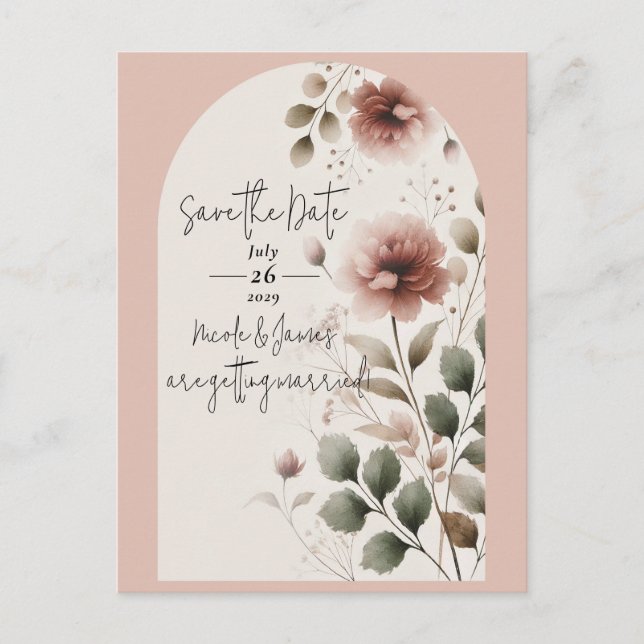 Desert Rose Pink & Green Floral Save The Date Announcement Postcard (Front)