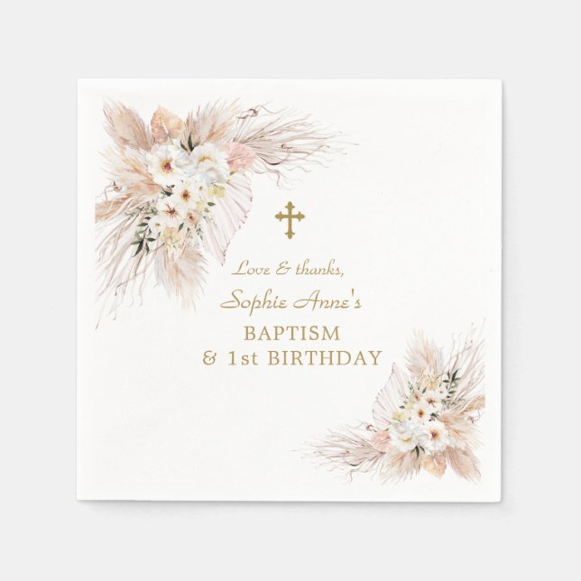 Desert Roses Pampas Grass 1st Birthday Baptism  Napkin (Front)