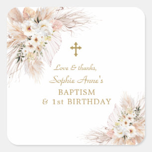 Desert Roses Pampas Grass 1st Birthday Baptism   Square Sticker