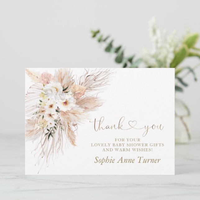 Desert Roses Pampas Grass Baby Shower Calligraphy  Thank You Card (Standing Front)