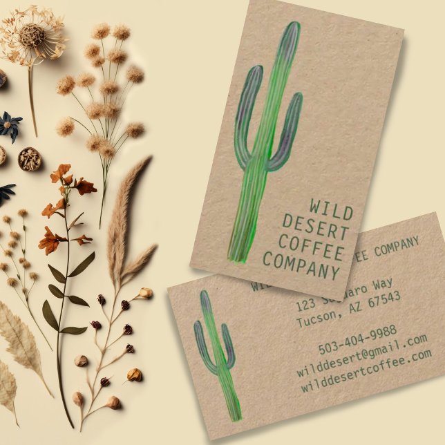 Desert Saguaro Cactus Watercolor Unique Boho Kraft Business Card (Hand painted saguaro cactus decorates this minimalist kraft business card, add your own text!)