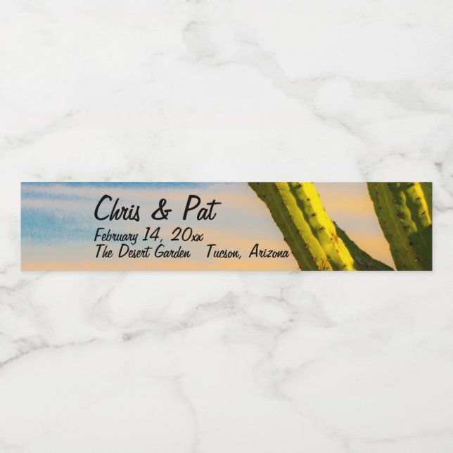 Desert Saguaro Cactus Wedding Date Location Water Bottle Label (Single Label)