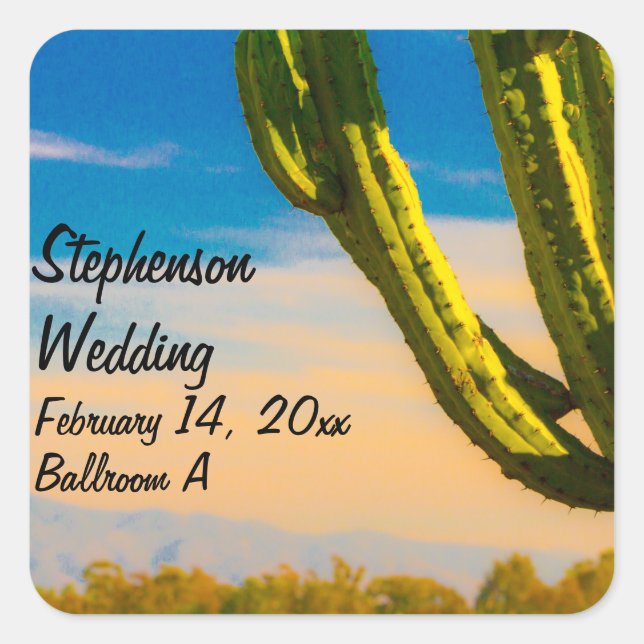Desert Saguaro Cactus Wedding Name Location Square Sticker (Front)