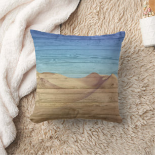 Desert Sand Dunes Beautiful Blue Sky On Wood Grain Cushion