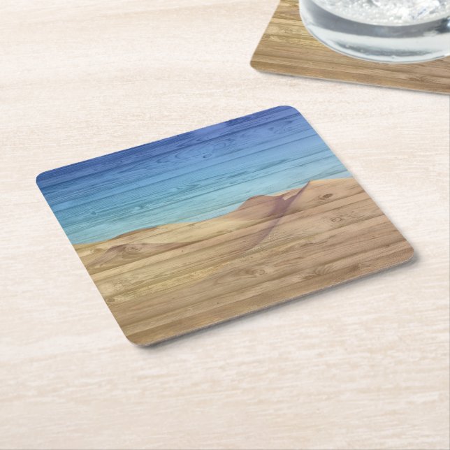 Desert Sand Dunes Beautiful Blue Sky On Wood Grain Square Paper Coaster (Angled)