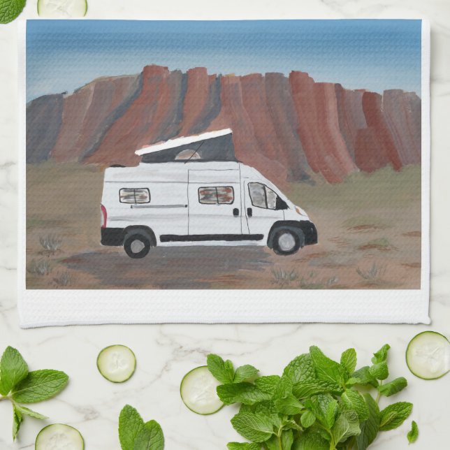 Desert Scene Van Life Kitchen Towel White Van (Folded)