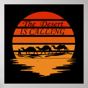 desert scene with camels sunset vintage  poster