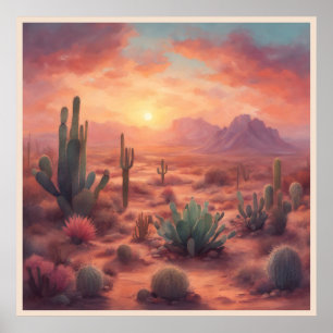 Desert Sequoia Cactus Colourful Sunrise Art Poster