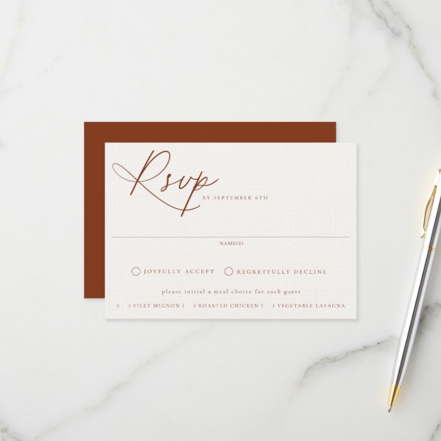 Desert Sienna Meal Choice Wedding RSVP Card (Front/Back In Situ)