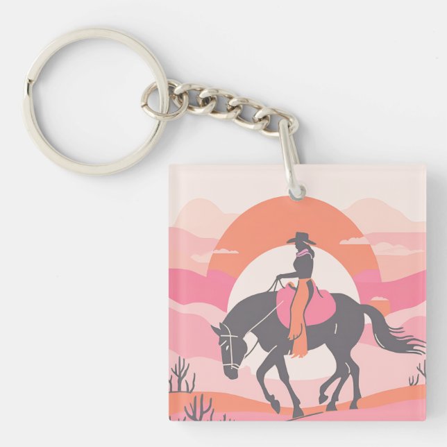 Desert Skies with Cowgirl Riding her Horse Key Ring (Front)