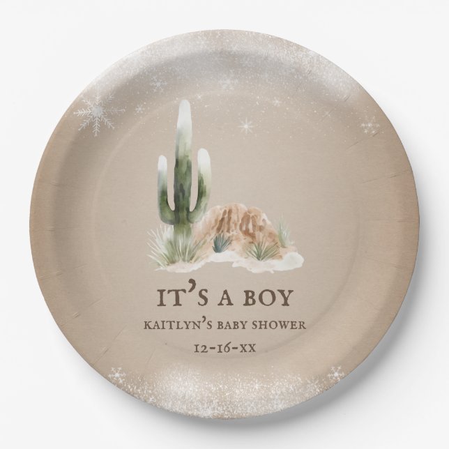Desert Snow Cactus Baby Shower Paper Plate (Front)