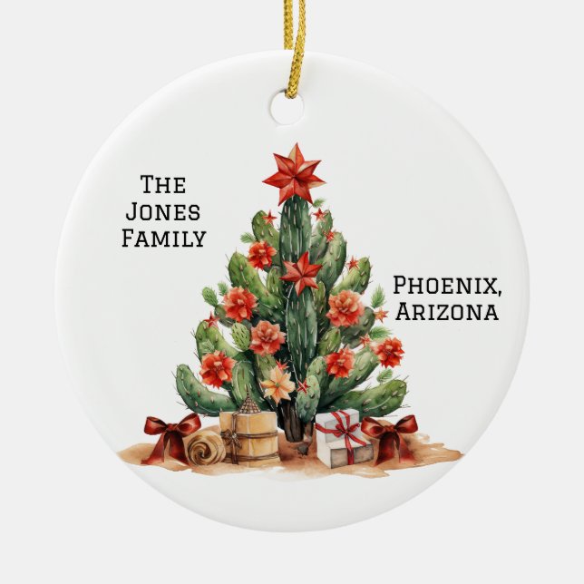 Desert/Southwest Cactus Personalised Xmas Tree Ceramic Tree Decoration (Front)