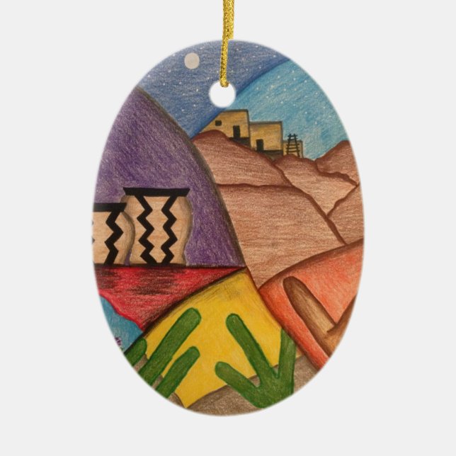 Desert Southwest Folk Art Christmas Ceramic Tree Decoration (Front)
