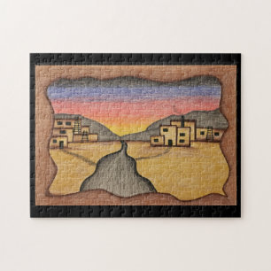 Desert Southwest Folk Art Colourful Adobe Sunset Jigsaw Puzzle