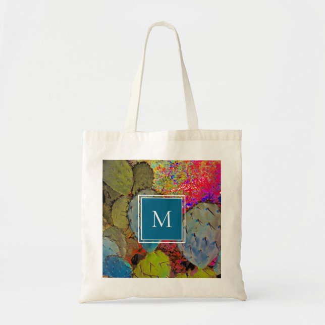 Desert Southwest Monogram Prickly Pear Cactus Tote Bag (Front)