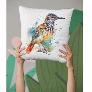 Desert Spirit, Roadrunner in Watercolor  Cushion