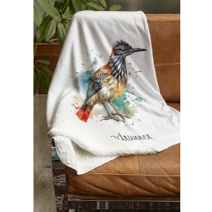 Desert Spirit, Roadrunner in Watercolor, custom Fleece Blanket