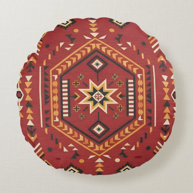 Desert Star Nomad – Vibrant Crimson Tribal Art Round Cushion (Front)