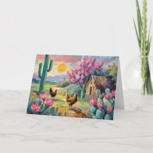 Desert Succulent Farm Landscape with Chickens Card