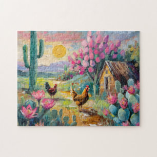 Desert Succulent Farm Landscape with Chickens Jigsaw Puzzle
