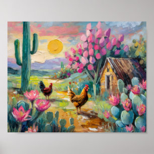 Desert Succulent Farm Landscape with Chickens Poster