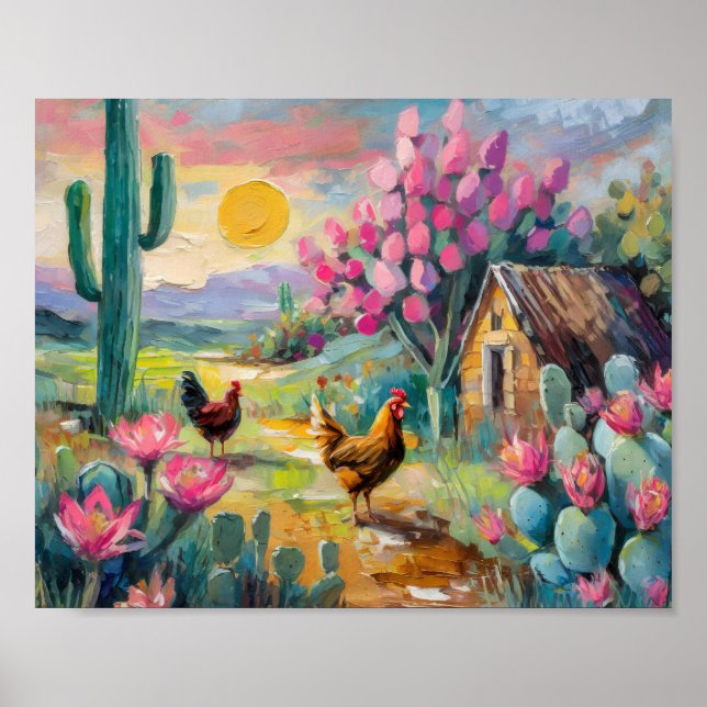 Desert Succulent Farm Landscape with Chickens Poster (Front)