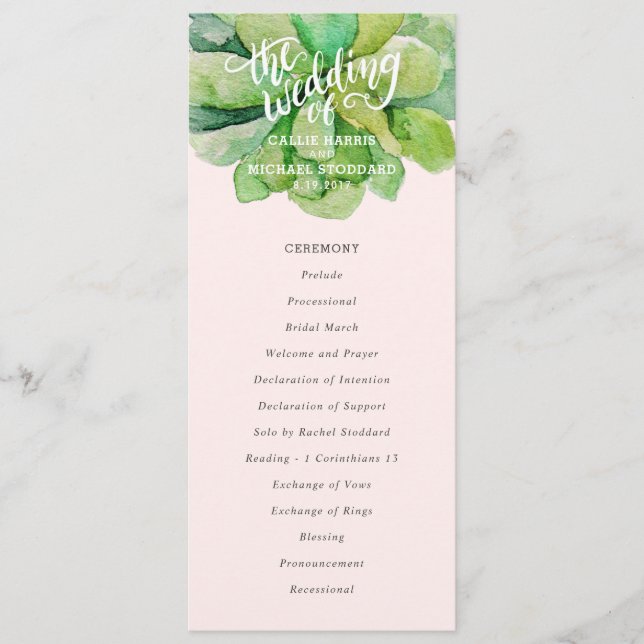 Desert Succulent Wedding Program - Pink Programme (Front)