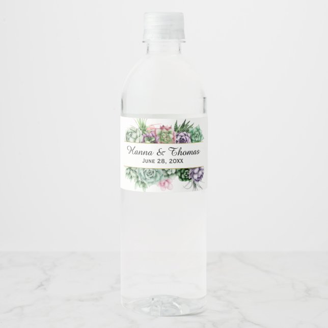 Desert Succulent Wedding Water Bottle Label (Front)