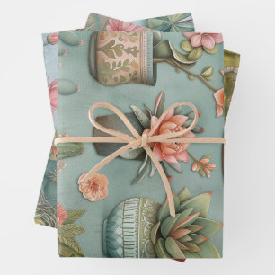 Desert Succulents Flowering Cacti Pots Decoupage Wrapping Paper Sheet