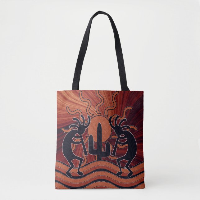 Desert Sun Cactus Southwest Design Kokopelli Tote Bag (Front)