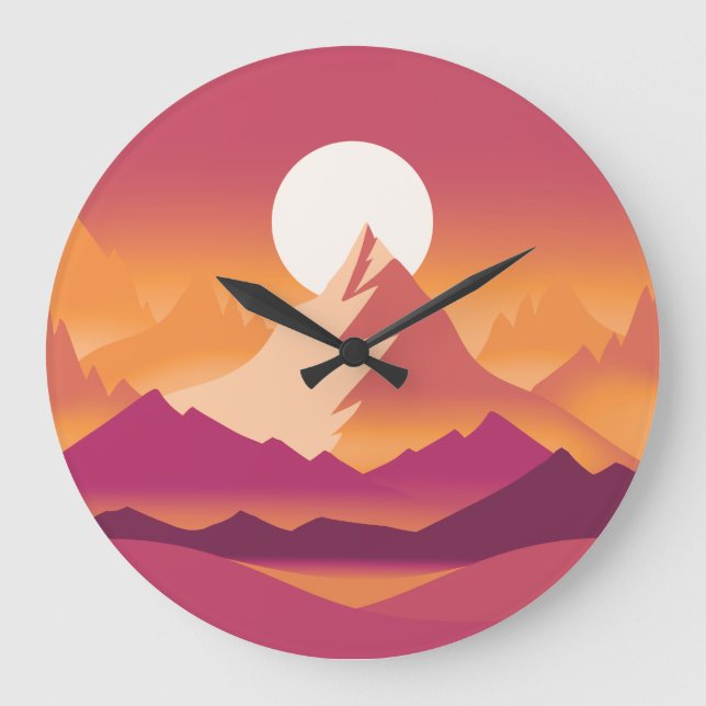 Desert Sun Mountain Peaks Landscape Illustration Large Clock (Front)