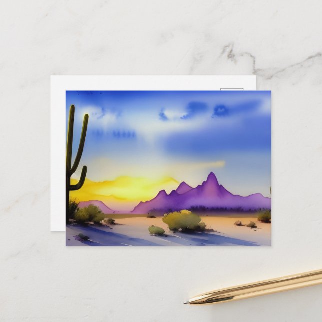 Desert Sunrise Scenic Watercolor  Postcard (Front/Back In Situ)
