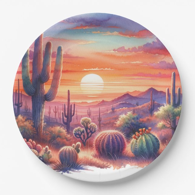 Desert Sunset Glow Watercolor Southwestern Wedding Paper Plate (Front)
