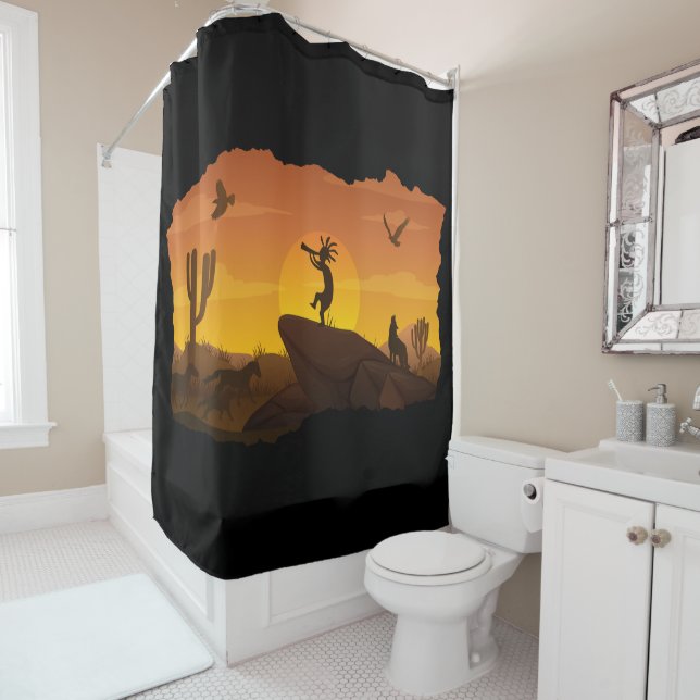 Desert Sunset Horses, Wolves and Birds Kokopelli  Shower Curtain (In Situ)