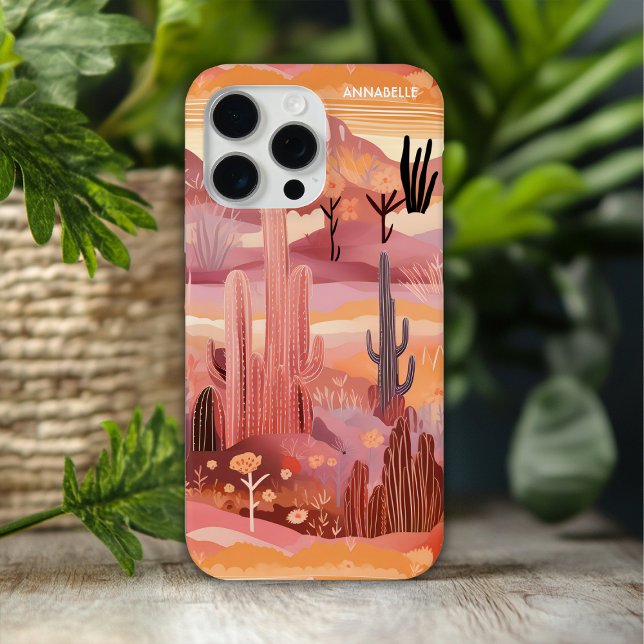 Desert Sunset Modern Cactus Personalised Name Case-Mate iPhone Case (Creator Uploaded)