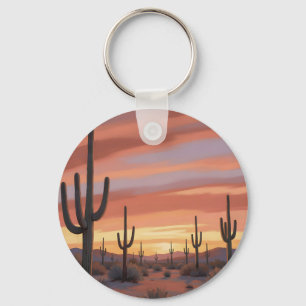 Desert Sunset Saguaro Cactus Landscape Key Ring