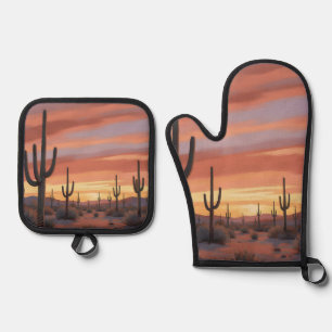 Desert Sunset Saguaro Cactus Landscape Oven Mitt & Pot Holder Set