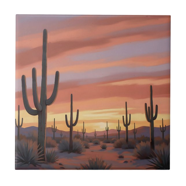 Desert Sunset Saguaro Cactus Landscape Tile (Front)