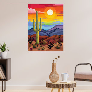 Desert Sunset with Cactus Landscape Poster
