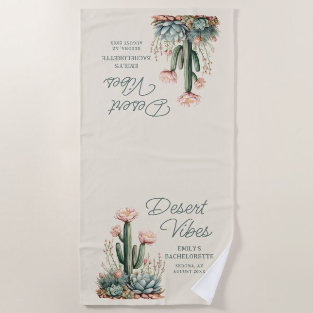 Desert Vibes Bachelorette Party Blooming Cactus Beach Towel (Front)