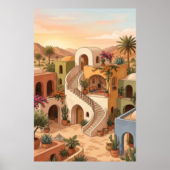 Desert Village Sunset Art - Boho Colorful Houses Poster (Front)