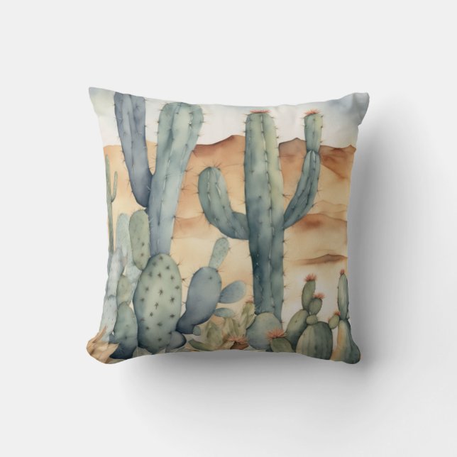 Desert Watercolor Cactus Succulent Botanical Cushion (Front)