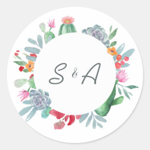 Desert Watercolor Floral Cactus Wedding Monogram Classic Round Sticker