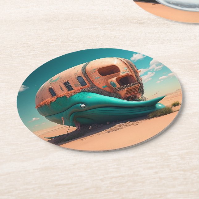 Desert whale house round paper coaster (Angled)