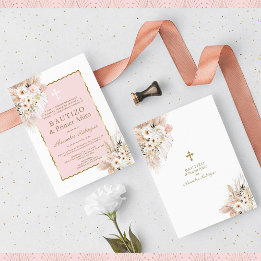 Desert White Pink Roses 1st Birthday Baptism Invitation