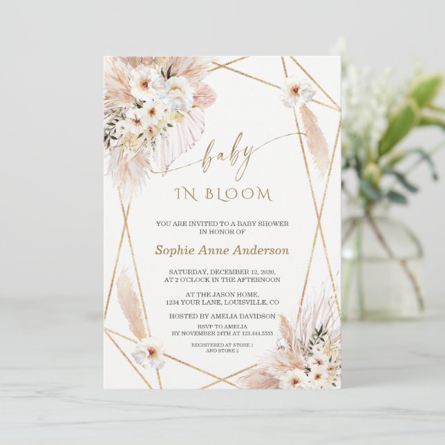 Desert White Roses Gold Leaves Baby in Bloom   Invitation (Standing Front)