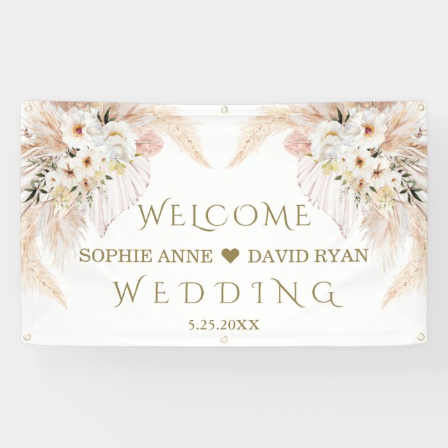 Desert White Roses Gold Wedding Welcome Sign (Horizontal)