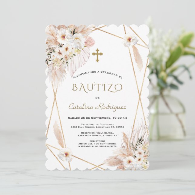 Desert White Roses Pampas Grass Baptism  Invitation (Standing Front)