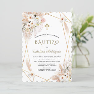 Desert White Roses Pampas Grass Baptism Invitation